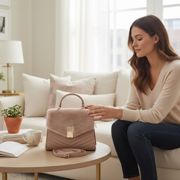 ALDO Blush Faux Fur Satchel/Crossbody Set w Card Case - Picture 2 of 10